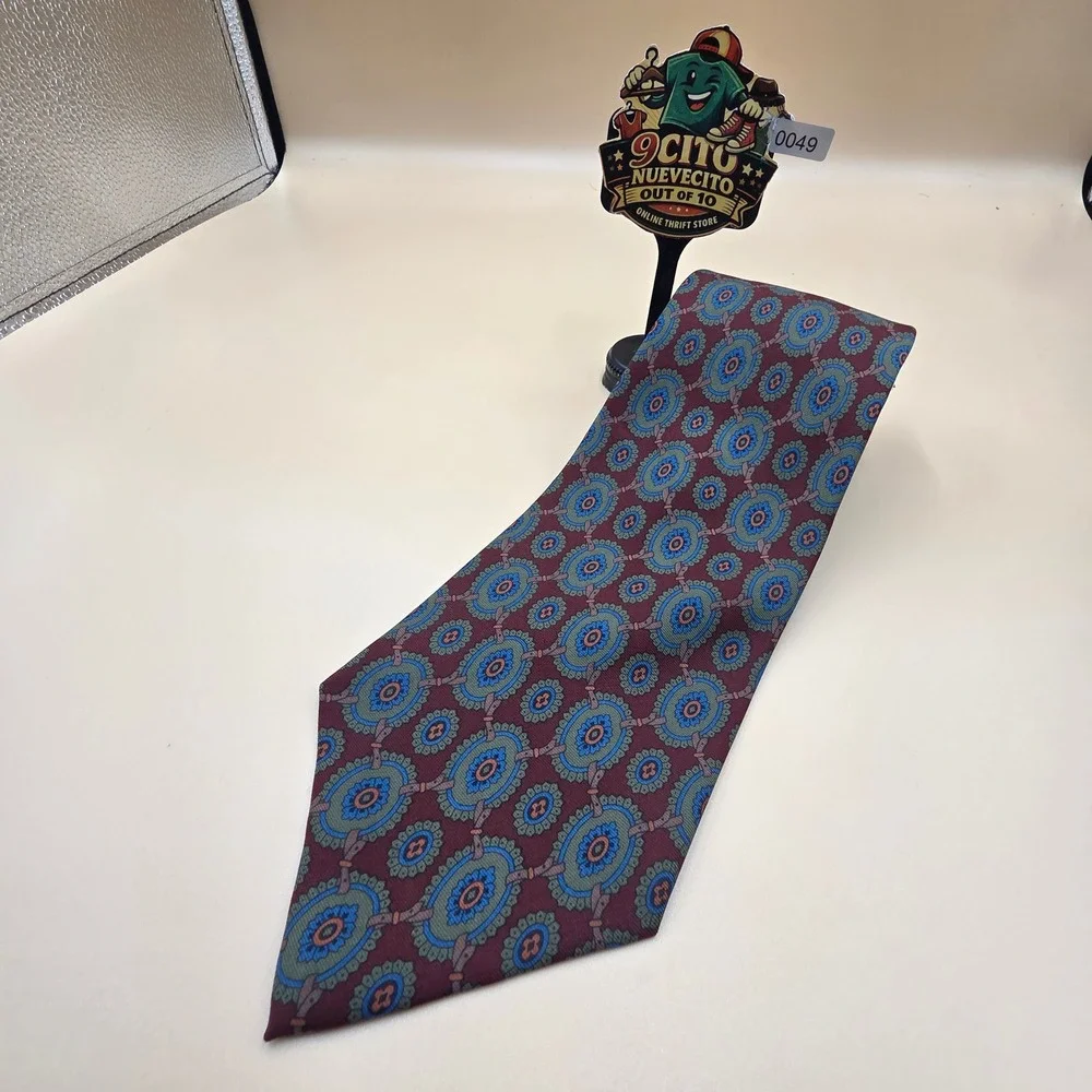 Vintage Polo Ralph Lauren Mens Silk Tie Burgundy Blue Medallion Geometric USA